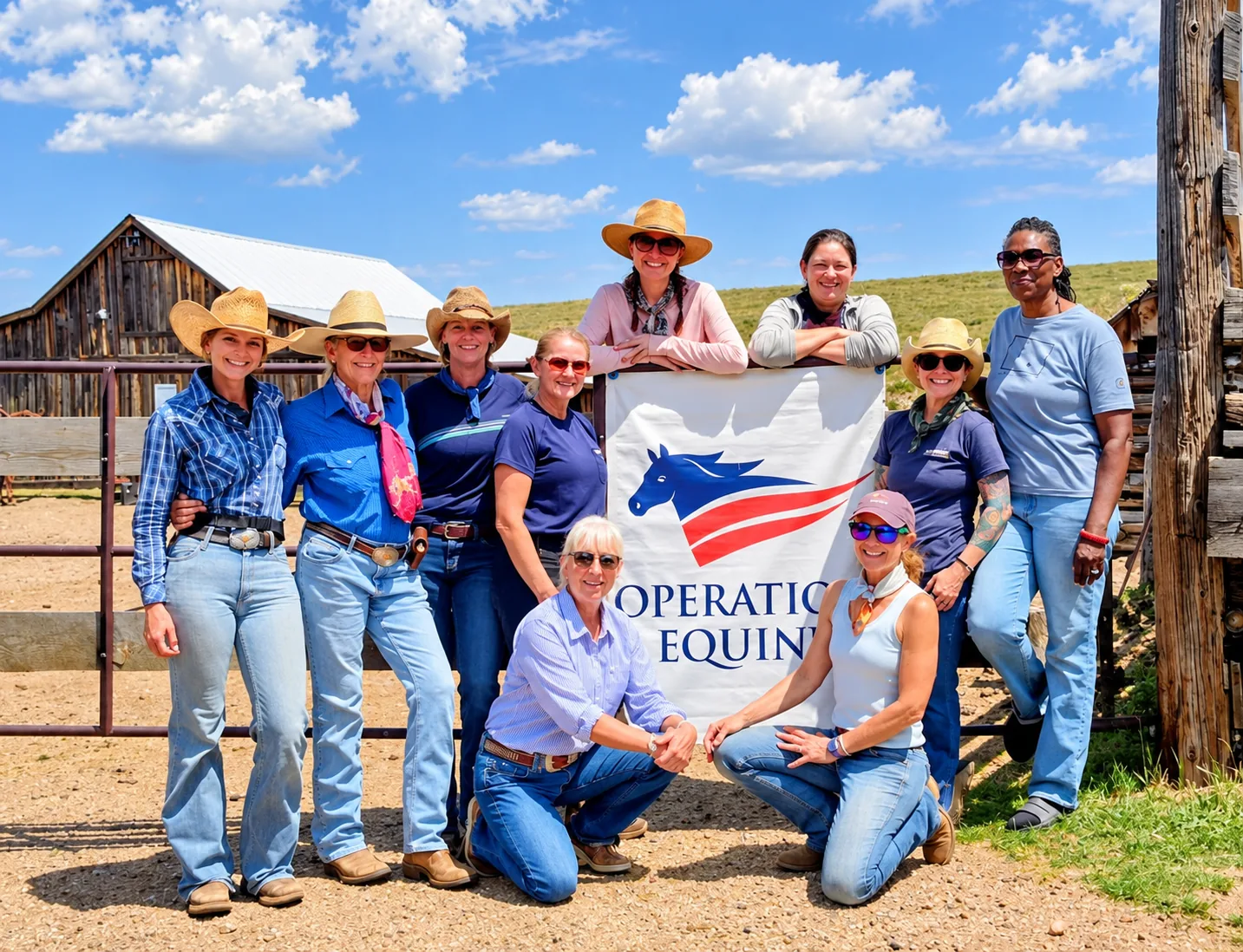 The Operation Equine women's group gathered around an Operation Equine banner at a ranch gate